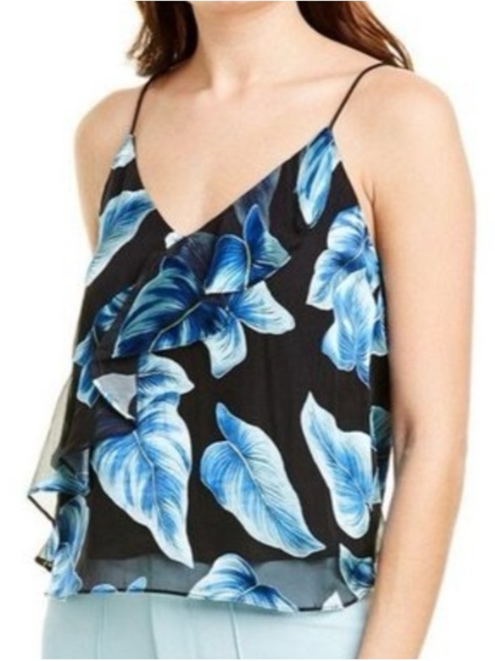 Alice + Olivia Lavonia Ruffle Blue Floral Silk Blend Draped Cami Tank Top XS